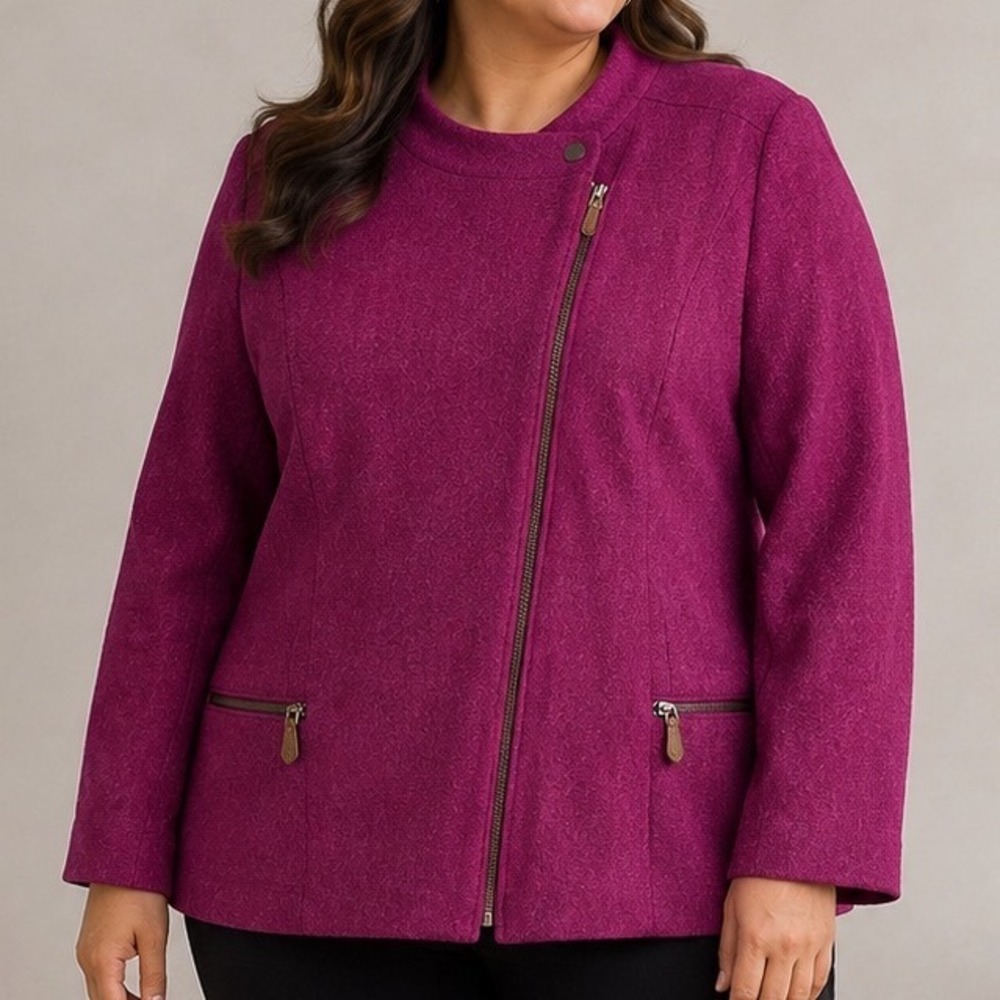 Talbots Women's 18 Magenta Wool Blend Moto Jacket Zip Front Quiet Luxury Classic